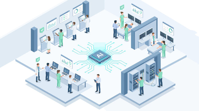 Isometric smart hospital with doctors analyzing medical data and AI microchip automation technology in futuristic healthcare clinic