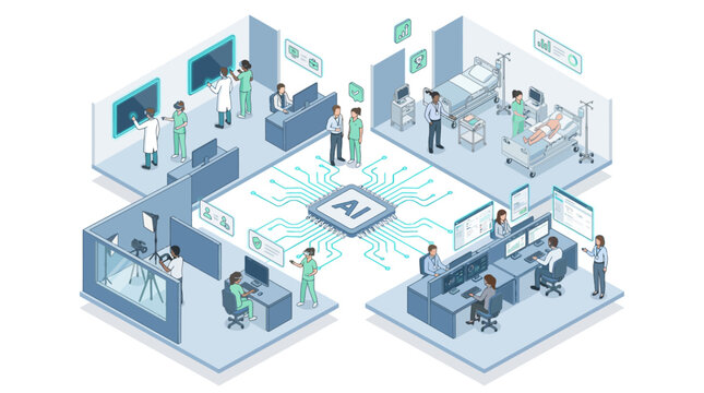 Isometric AI in Healthcare Concept with Smart Hospital Rooms Doctors Patients and Data Network in Blue and Teal Vector Style
