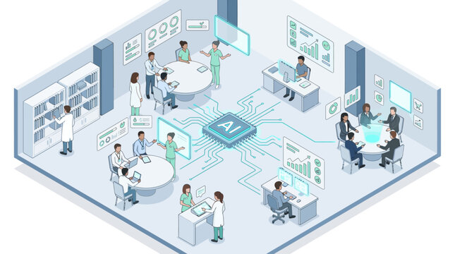 Isometric vector illustration of diverse business and medical teams collaborating with artificial intelligence chip technology in modern corporate office