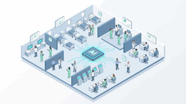 Isometric Smart Hospital with Artificial Intelligence Microchip Connecting Doctors Nurses Medical Equipment and Patient Rooms