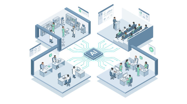 Isometric AI Medical Technology Concept Showing Smart Hospital Automation Diagnostics Laboratory and Healthcare Staff