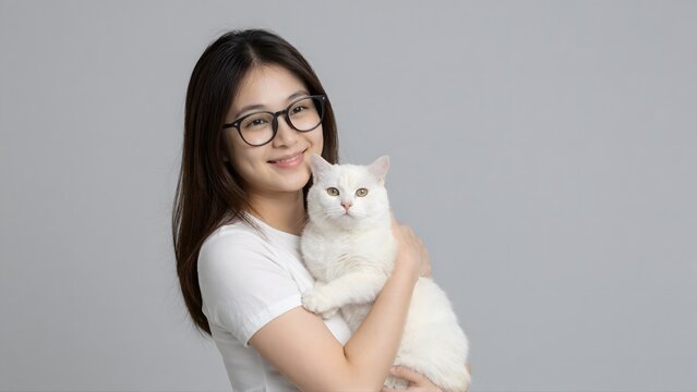 Happy Asian woman wearing glasses hugging her fluffy white cat