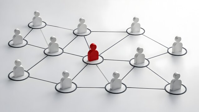 Corporate networking and leadership hierarchy concept with prominent red character connecting white figures in social organization structure