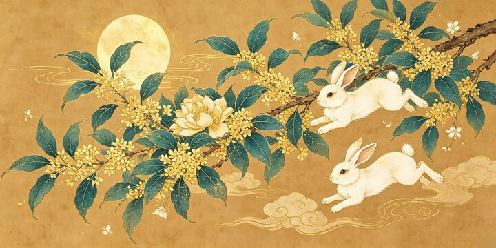 Traditional Chinese Gold Leaf Painting Two White Rabbits Running Under Osmanthus Branches And Full Moon