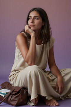 A woman sits contemplatively on a purple floor, surrounded by books and a brown leather bag in a serene indoor setting.