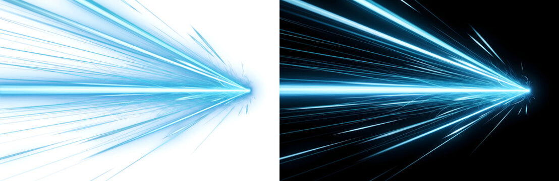 A sharp blue laser beam impacts with sparking rays bursting from the tip for tech designs in PNG, Transparent and Black Background Versions