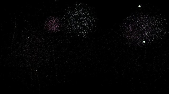 Cinematic multicolor fireworks explode in a close-up night sky with large glowing bursts, rocket trails, bright golden finale sparks and dense particle effects in a seamless 4K loop.