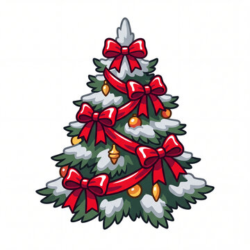 Cartoon Illustration of Red Ribbons on Frosted Pine Tree in Rustic Cabin