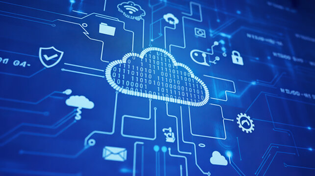 Cloud computing node icon filled with binary code background.