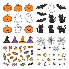 Fototapeta premium Halloween icons vector collection with cute pumpkins, ghosts, black cats, bats, candy, and spiderwebs