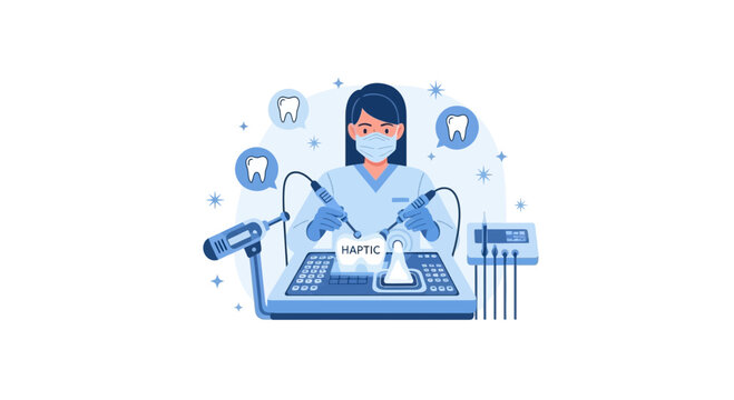 Female Dentist Using Haptic Dental Surgery Simulator for Medical Training and Modern Healthcare Technology Illustration