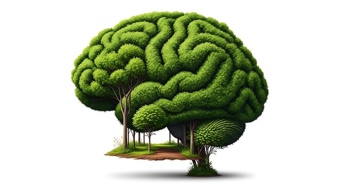 A surreal tree with a brain shaped canopy amidst smaller trees on a small patch of land