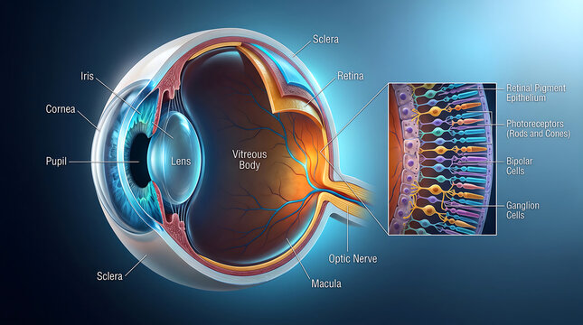 Detailed cross section anatomy of human eye showing cornea iris lens retina and optic nerve with retinal layers