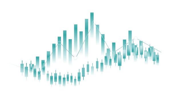 Monochrome financial chart with candlesticks and volume bars animation