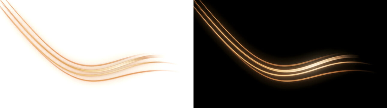 Light streaks glow in warm golden ribbon curves swooping diagonally across the frame for tech designs in PNG, Transparent and Black Background Versions
