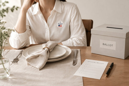 Ballot box and paper ballot on dining table, voting and election participation concept