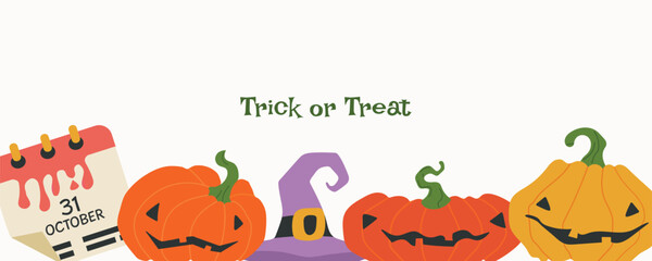 Fototapeta premium A horizontal Halloween celebration banner featuring a collection of creepy jack o lantern pumpkins, a purple witch hat, a calendar page marked October 31