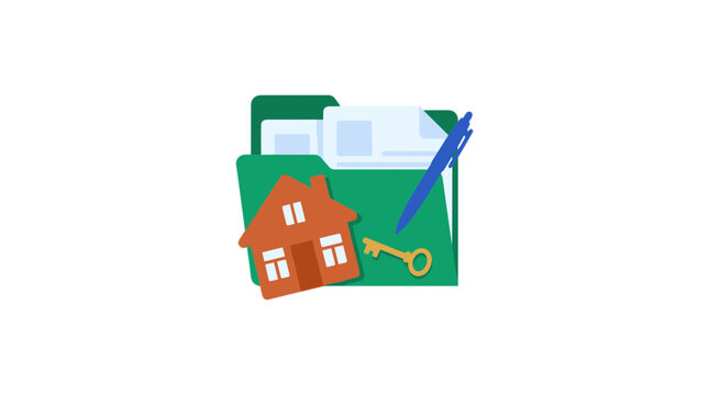 Green Document Folder with House Icon, Key, and Pen for Real Estate Property Management