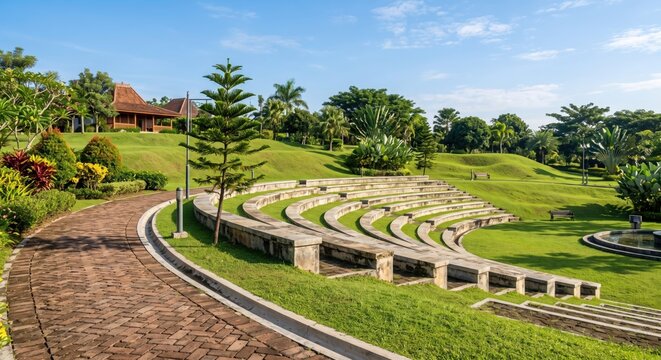 Modern Outdoor Amphitheater and Brick Pathway in a Public Park Landscape 


