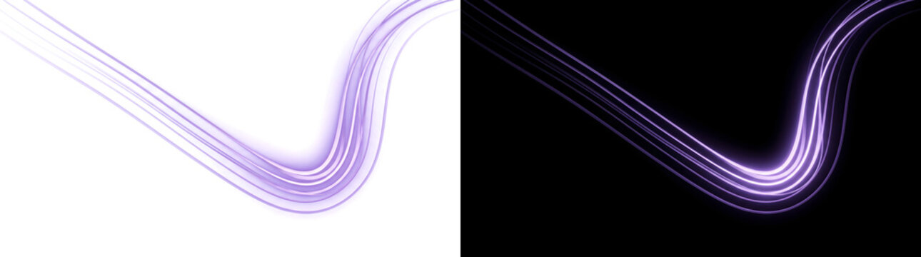 Light streaks glow in violet purple diagonal ribbon curves swooping into a deep dip for tech designs in PNG, Transparent and Black Background Versions
