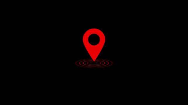 Red map location pin with pulsing radar effect on black background, navigation