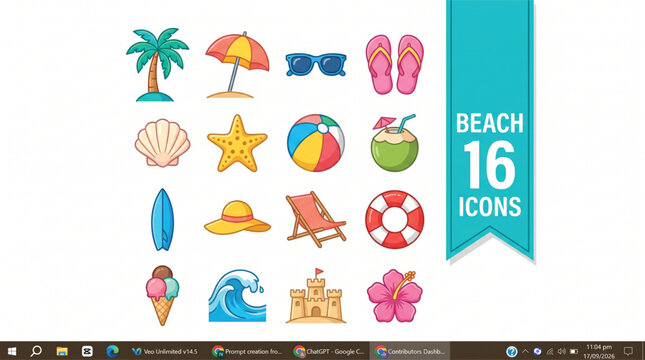Comprehensive set of colorful summer beach vacation icons featuring tropical elements like palm trees umbrellas and ocean gear for holiday designs