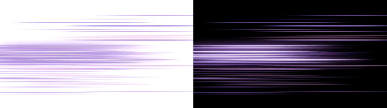 Light streaks glow in soft lavender purple horizontal speed lines fading into the frame for tech designs in PNG, Transparent and Black Background Versions