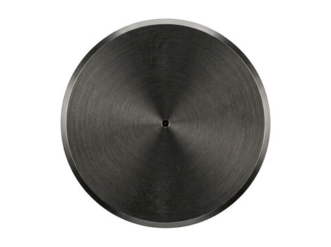 Sleek black circular metal plate with a polished reflective surface on transparent background.