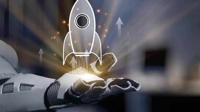 A futuristic robot hand displays a glowing rocket icon, symbolizing innovation and advancement in technology, emphasizing progress and limitless potential in automation. Salient