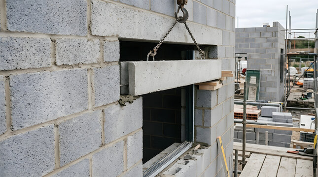 Construction site worker installing a heavy concrete window lintel using a mechanical hoist system on a residential building project. Professional masonry work with grey cinder blocks and scaffolding.