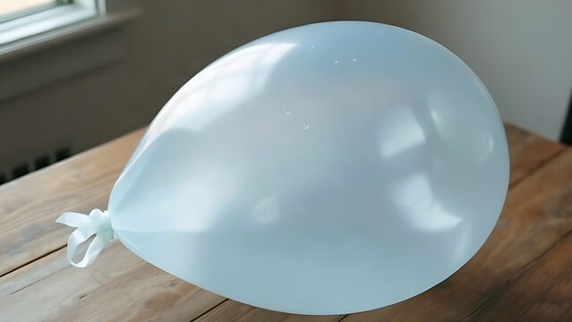 Overfilled translucent water balloon on wooden table, tension and fragility concept
