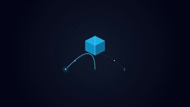Isometric glowing 3D cube connecting data network nodes with curved light pathways