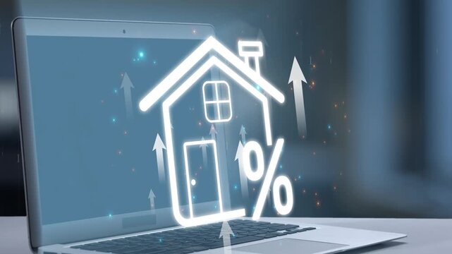 A laptop screen showcases a house and percentage symbol amid upward arrows, representing growth in the real estate market and investment opportunities in the housing sector. Salient