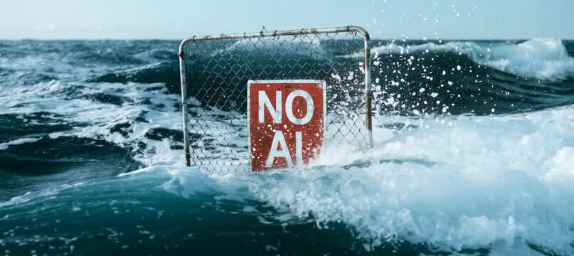 "NO AI" word red plaque sign with harsh ocean wave. Prohibition restriction warning of automation tech. Generative video AI technology.	
