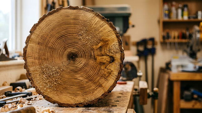 Cross section of a freshly sawn oak log with visible annual tree rings displayed on a wooden workbench inside a rustic carpenter workshop, professional woodworking craftsmanship and carpentry concept.