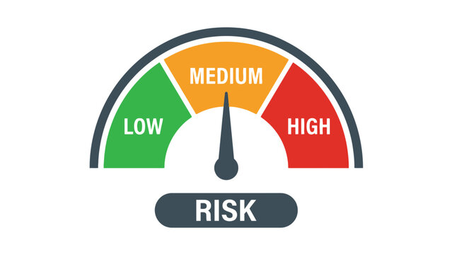 Colorful risk assessment gauge vector illustration displaying low medium and high levels with a centered indicator needle on white background