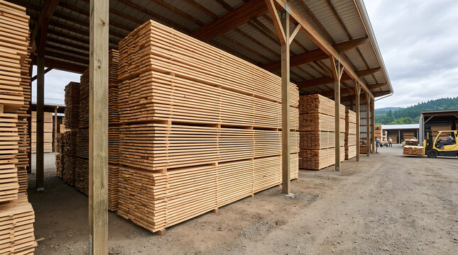 Stacked lumber piles in a modern timber processing sawmill facility, featuring neatly organized wooden boards under a large industrial shelter with heavy machinery and a forklift 