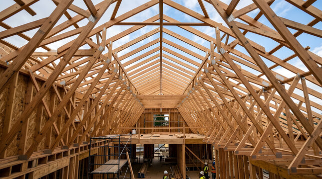 Roof construction framing with wooden trusses in a new residential building project under development during the daytime, showcasing structural engineering, site safety, and professional carpentry