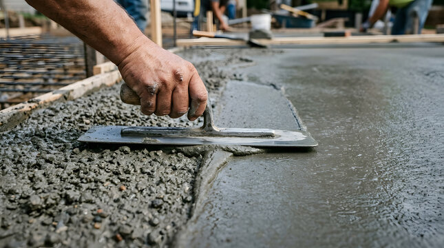 Construction worker smoothing wet cement using a metal trowel on a building site, professional concrete finishing process, industrial foundation construction, masonry work and manual labor 