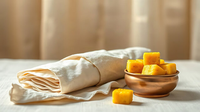 Wrapped thepla and dhokla with spice box, Indian food tradition concept