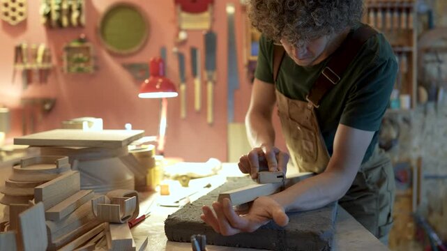 Handmade restoration of old items in workshop, man crafter using hand plane tool for shaping board with installed patch, carefully checking surface for roughness, handcraft and carpentry workspace.