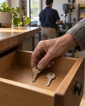 Man taking key from wooden desk drawer in workshop setting