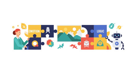 Fototapeta premium AI and Human Collaboration Concept with Logic and Emotion Puzzle Pieces