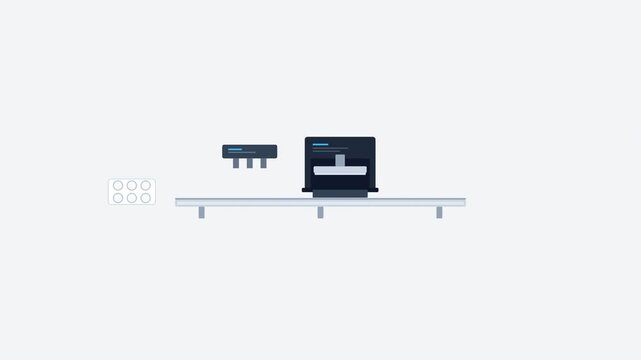 Pharmaceutical production line animation with moving medicine vials. 4K Video