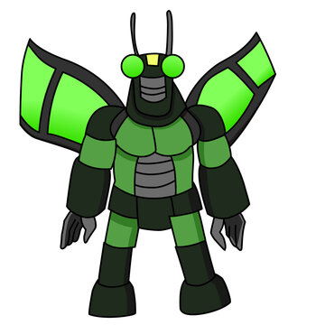 Sci-Fi Green Cyborg Bug Warrior Mascot with Wings and Antennae