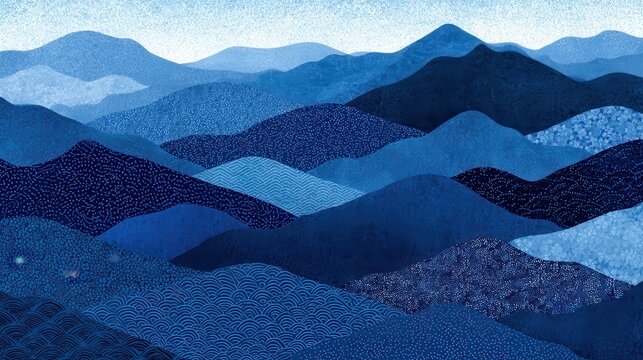 Abstract blue background featuring traditional Japanese kimono patterns, layered hills