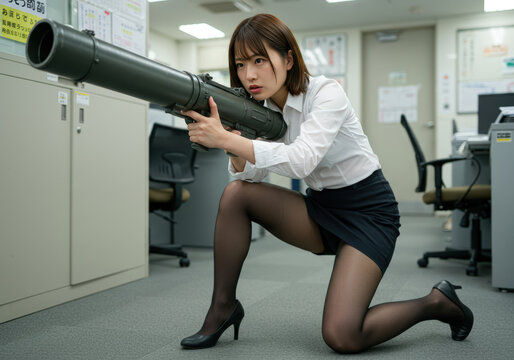 Japanese office lady in professional suit holding bazooka or rocket launcher. in office.