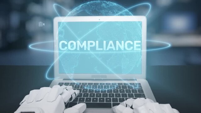 A futuristic scene featuring robot hands typing on a laptop, surrounded by compliance terms, showcasing the intersection of technology and governance in today digital landscape. Salient