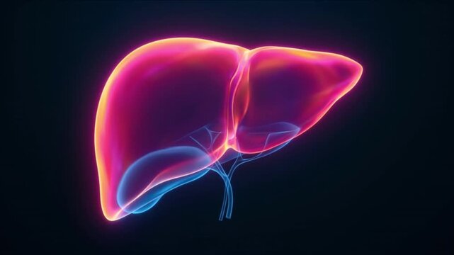 発光する半透明の肝臓が代謝平衡状態を保つ医療科学CG背景