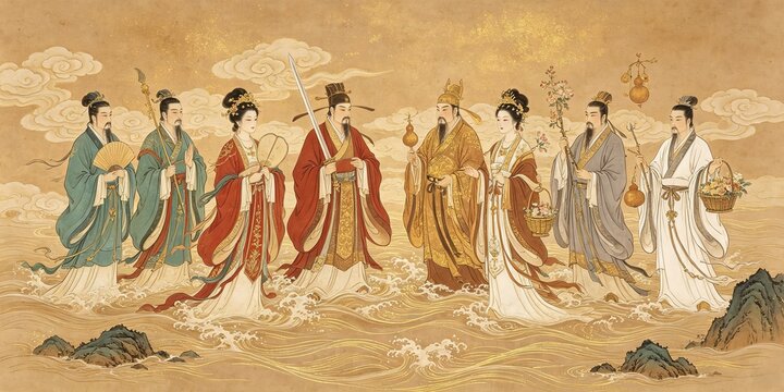 Traditional Chinese Painting Gold Leaf Background Eight Immortals Crossing Sea Figures Turbulent Waves Auspicious Clouds Mythical Detailed